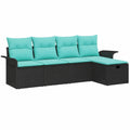 Ensemble modulable de jardin 5 pièces en polyrotin noir et turquoise, salon extérieur résistant aux UV avec rangements