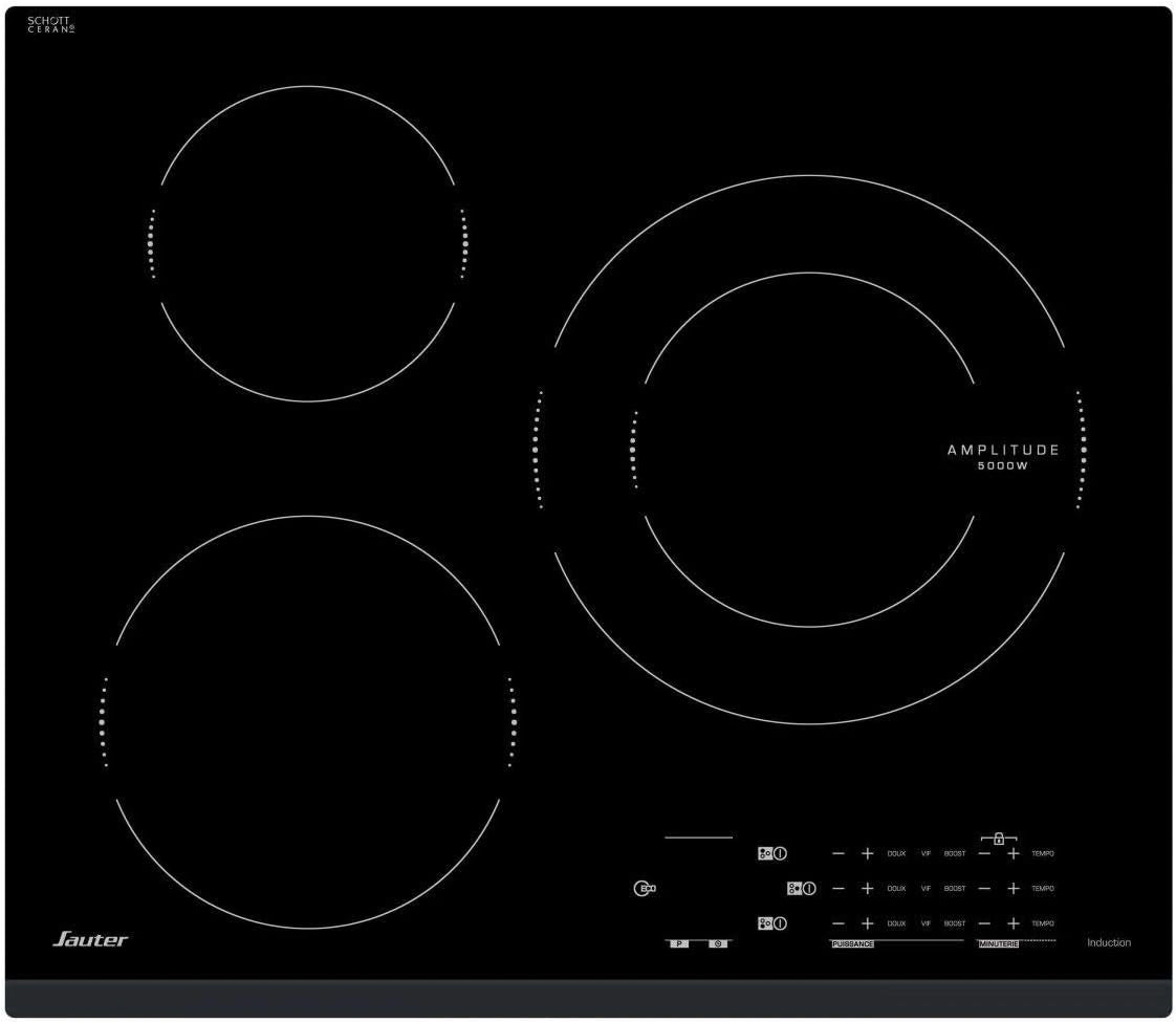 Sauter SPI4362B Plaque ¨¤ Induction Encastrable 3 Zones 7200W 60x52cm Verre Noir Made in France