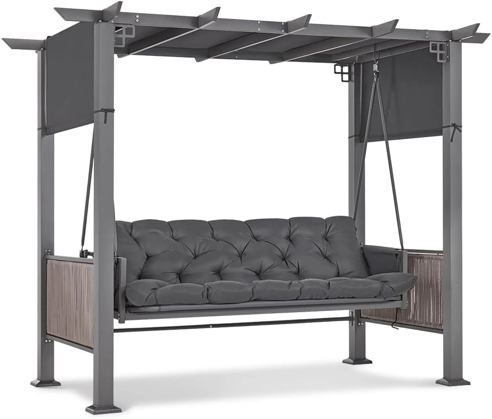 Balan?oire de Jardin 3 Places avec Toit R¨¦tractable et Coussin ¨¦pais - Gris