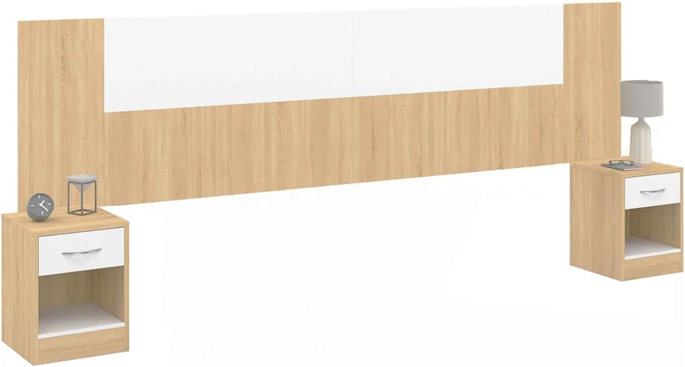 IDMarket - T¨ºte de lit modulable avec chevets int¨¦gr¨¦s SAPA, compatible lit 140 ¨¤ 180 cm, bois et blanc