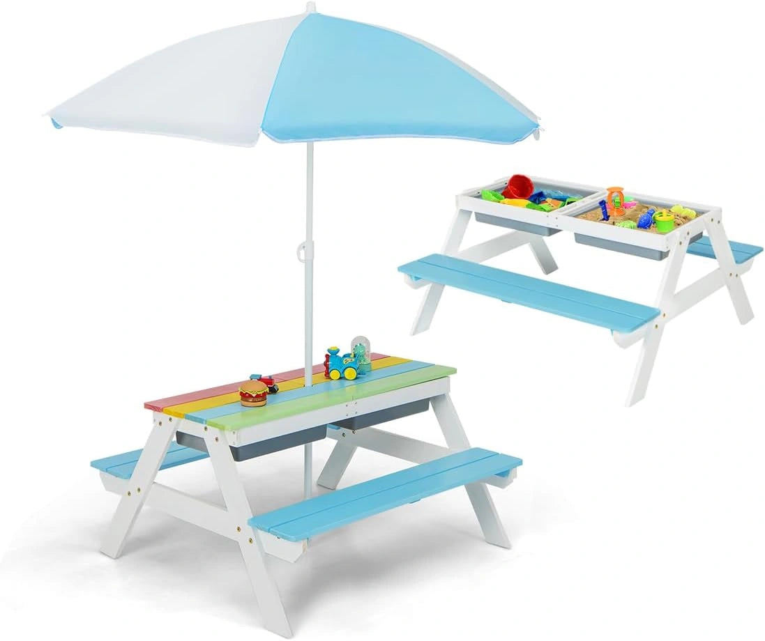 Table de Pique-Nique pour Enfants 3-7 Ans avec Parasol et Plateau Amovibles, 2 Bacs ¨¤ Sable et Eau, 50kg Capacit¨¦ (Bleu et Blanc)