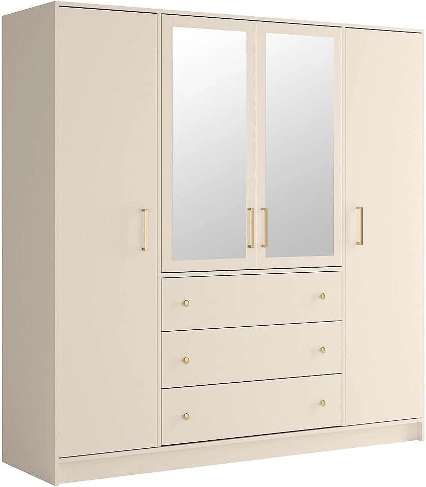 Armoire Lizandro 4 Portes 3 Tiroirs avec Miroirs, 196 cm, Beige et Dor¨¦