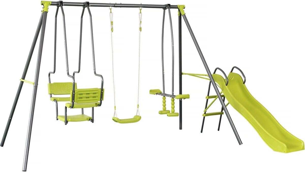 Aire de Jeux M¨¦tallique avec Toboggan et Accessoires - Vert