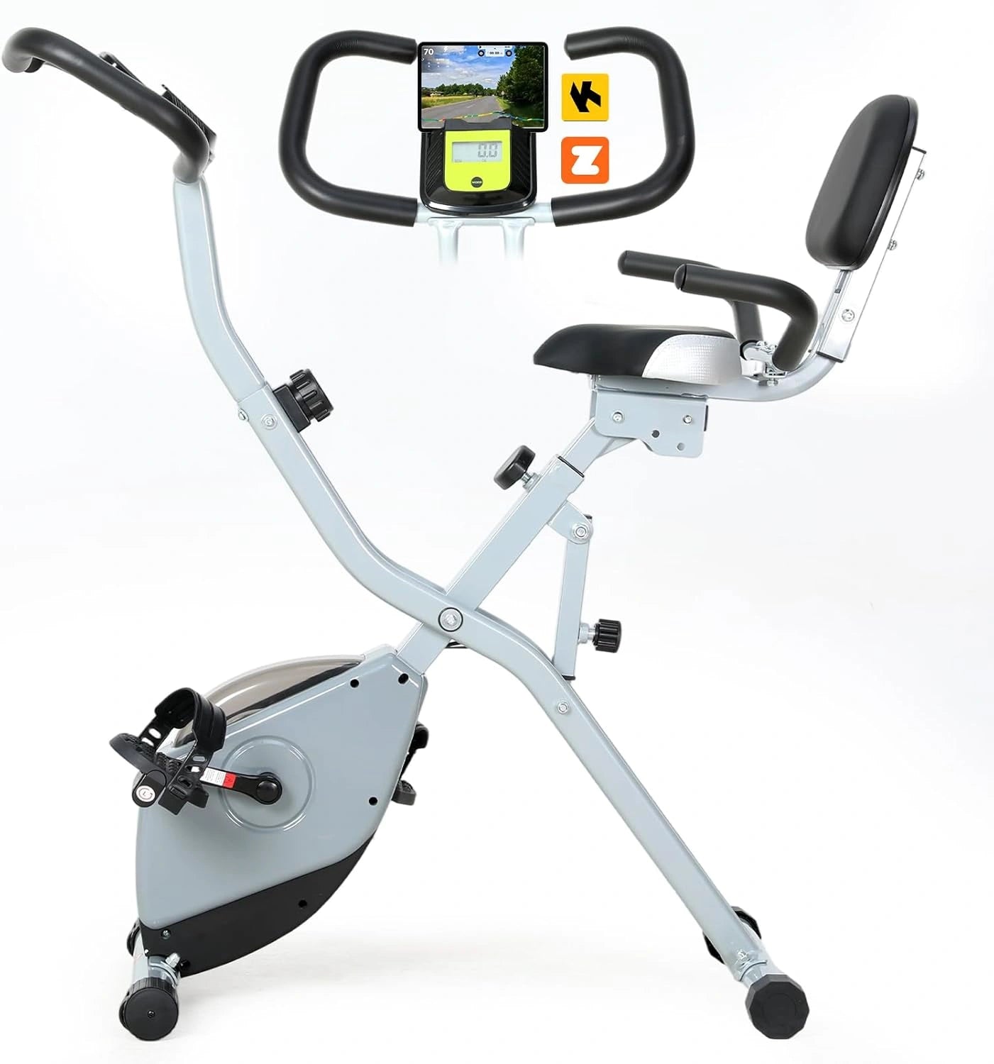 V¨¦lo Appartement Pliable 2-en-1 ISE, Entra?nement Cardio avec R¨¦sistance Magn¨¦tique 8 Niveaux, ¨¦cran Multifonction, Dossier et Hauteur R¨¦glables, Bluetooth Ergonomique