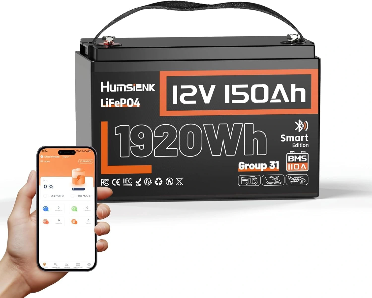 Batterie LiFePO4 12V 150Ah avec Bluetooth et BMS Intelligent, 1920Wh, 15000 Cycles, Longue Dur¨¦e de Vie 10 Ans, Id¨¦ale pour Camping-Car et ¨¦nergie Solaire