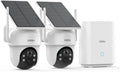 Cam¨¦ra de Surveillance Solaire 2K WiFi Ext¨¦rieure, Ensemble 2 Cam¨¦ras avec Station de Base, Stockage Local Gratuit, 360¡ã PTZ avec Vision Nocturne en Couleur, Compatible 5G/2.4GHz, Suivi Automatique