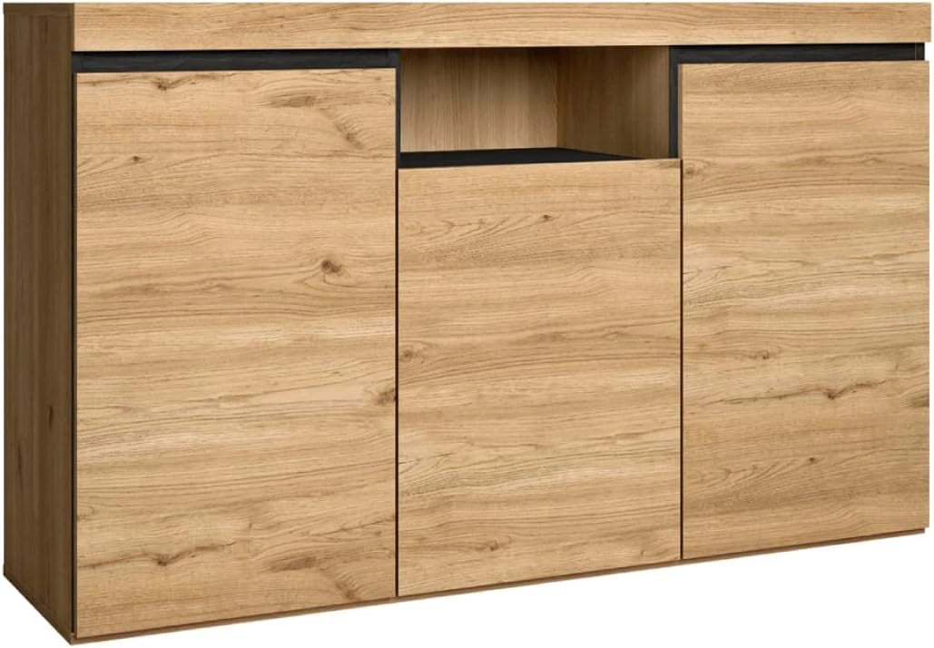 Buffet Scandinave en M¨¦lamine, 3 Portes, Ch¨ºne et Noir, 140x40x81 cm