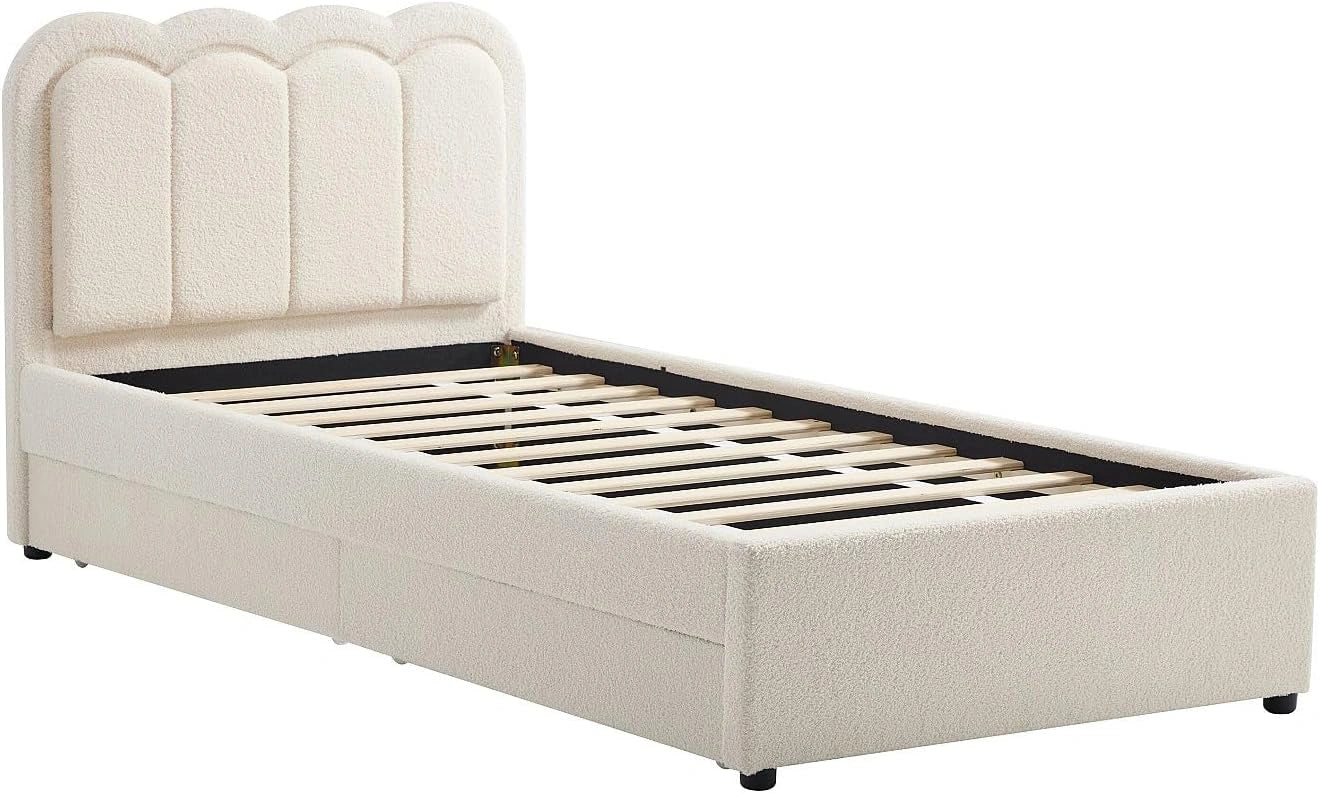 Lit simple 90 x 190 cm avec tiroirs LED en tissu boucl¨¦ cr¨¨me - NESTIAKO