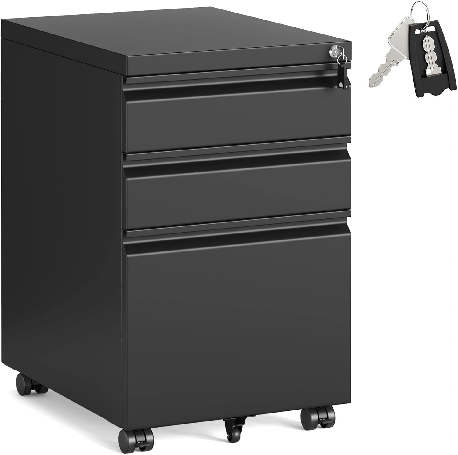 Caisson de Bureau ¨¤ Roulettes avec Verrouillage, 3 Tiroirs, Support pour Imprimante, Acier Noir