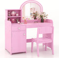 Coiffeuse Enfant avec Chaise et Lumi¨¨res LED, Bureau 2 en 1 avec Miroir et Rangement, S¨¦curis¨¦ pour Enfants de 3 Ans+