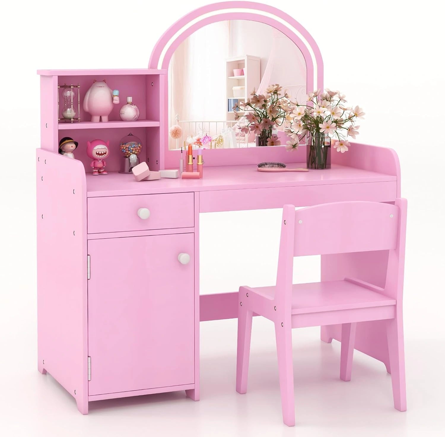 Coiffeuse Enfant avec Chaise et Lumi¨¨res LED, Bureau 2 en 1 avec Miroir et Rangement, S¨¦curis¨¦ pour Enfants de 3 Ans+