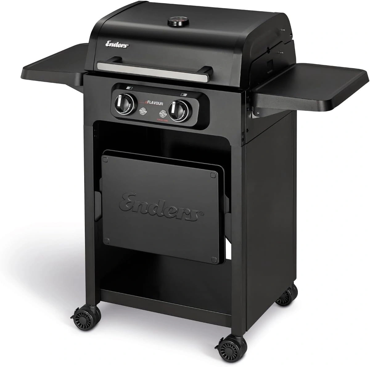 Gril ¨¦lectrique Enders eFLAVOUR 2 Turbo avec hotte double paroi et thermom¨¨tre int¨¦gr¨¦, ¨¦tag¨¨res pliables, Turbo Zone 3 KW, deux zones de chauffage 1500 W