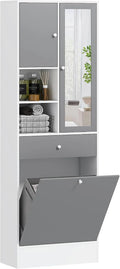 Armoire de Salle de Bain Moderne avec Miroir et Panier ¨¤ Linge, Rangement ¨¤ Portes et Compartiments Ouverts, Tiroir et ¨¦tag¨¨re Ajustable, 62 x 28,3 x 181 cm, Gris et Blanc