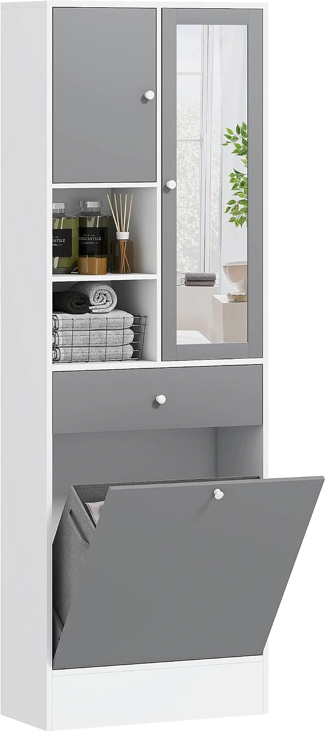 Armoire de Salle de Bain Moderne avec Miroir et Panier ¨¤ Linge, Rangement ¨¤ Portes et Compartiments Ouverts, Tiroir et ¨¦tag¨¨re Ajustable, 62 x 28,3 x 181 cm, Gris et Blanc
