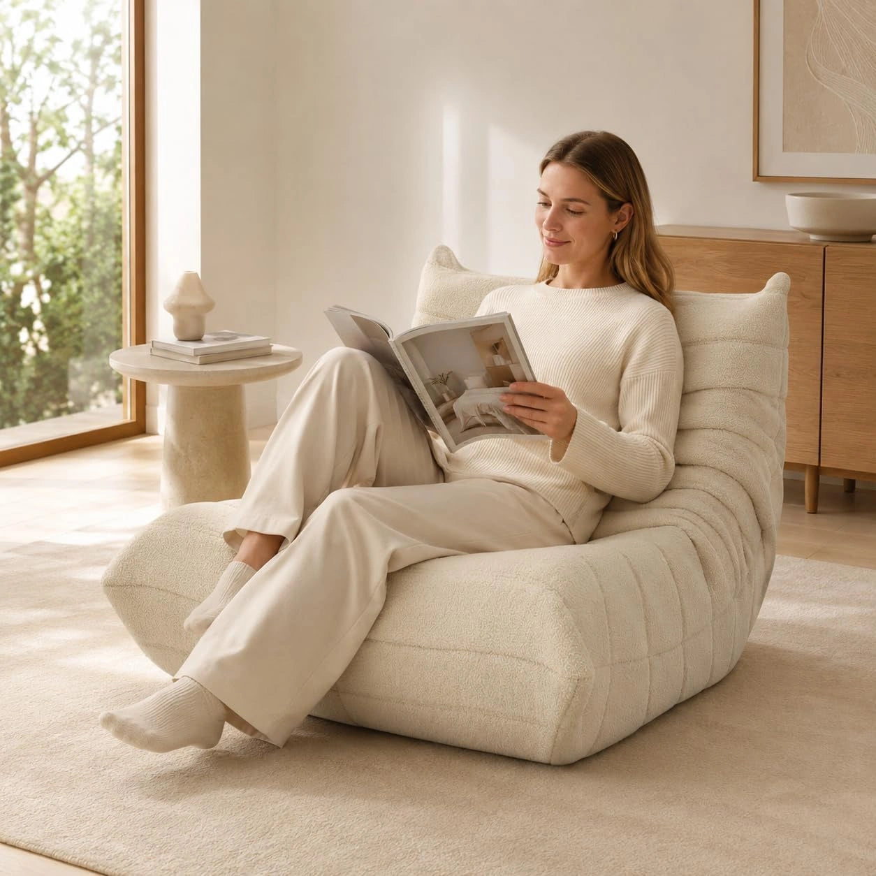 Grand Fauteuil Relaxant avec Mousse Haute Densit¨¦ pour Salon et Chambre, 99x33x33cm (Beige)