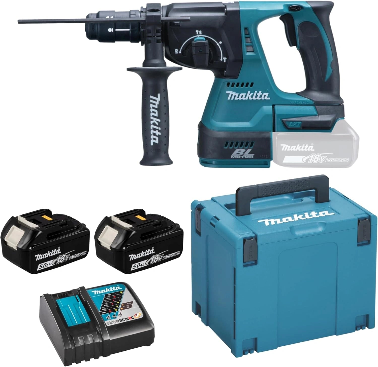 Perforateur SDS Plus Makita 18V, 24mm, 2J, avec 2 batteries 5.0Ah et chargeur