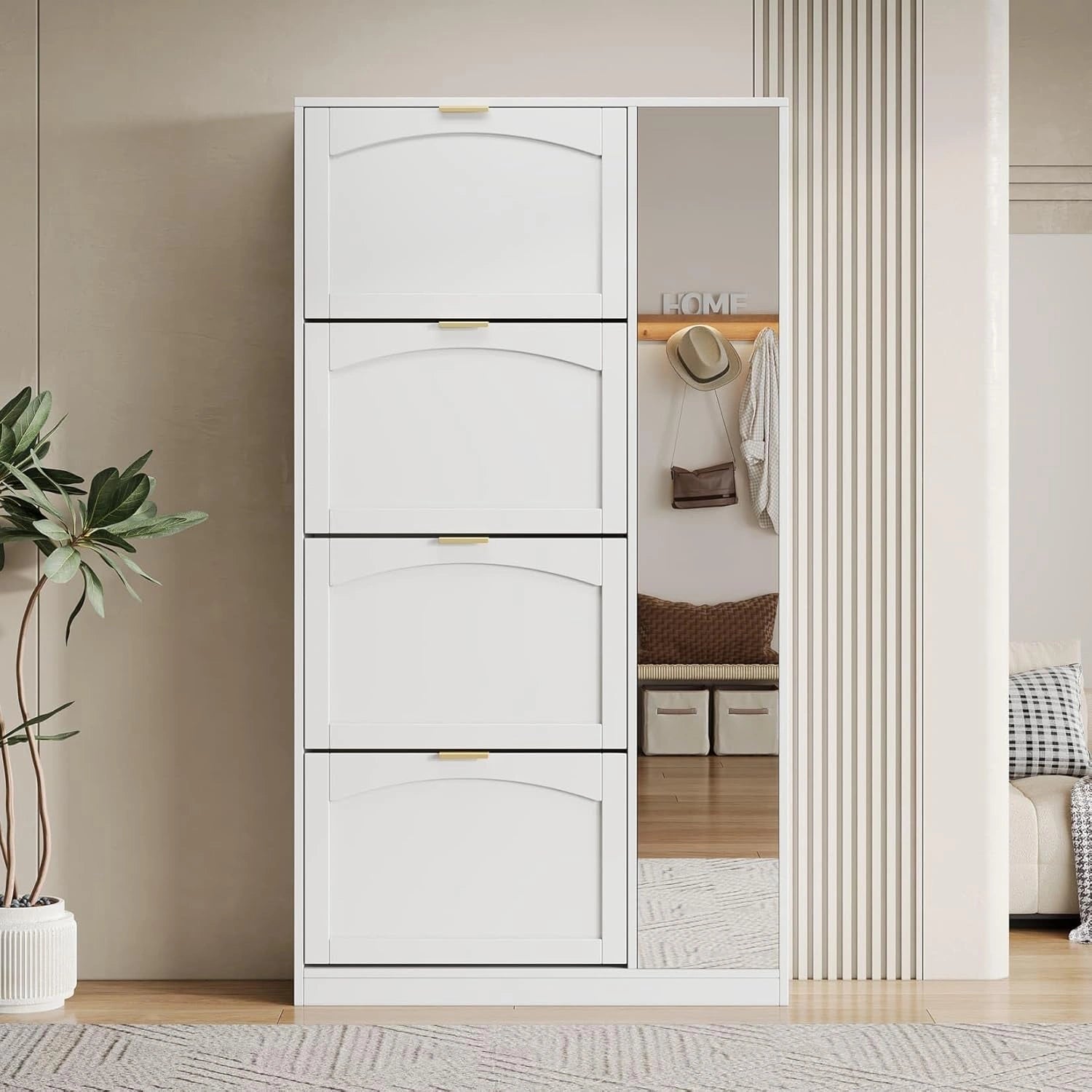 Armoire ¨¤ Chaussures Mince avec 4 Tiroirs R¨¦versibles et Miroir Complet, ¨¦tag¨¨res R¨¦glables pour Entr¨¦e et Salon (Blanc, Style D)