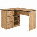Bureau d'angle avec rangements intégrés, 3 tiroirs et 2 étagères, L124 x H77 x P85, chêne kraft
