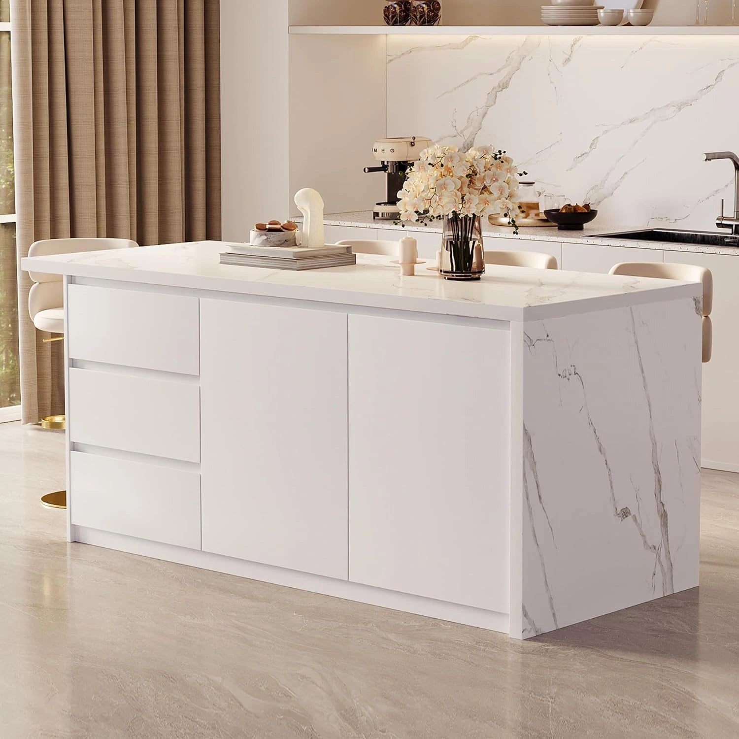 ?lot de Cuisine Moderne avec Rangement Optimis¨¦ Blanc 183 cm, Bois Imperm¨¦able, 3 Tiroirs, 2 Portes, 6 ¨¦tag¨¨res