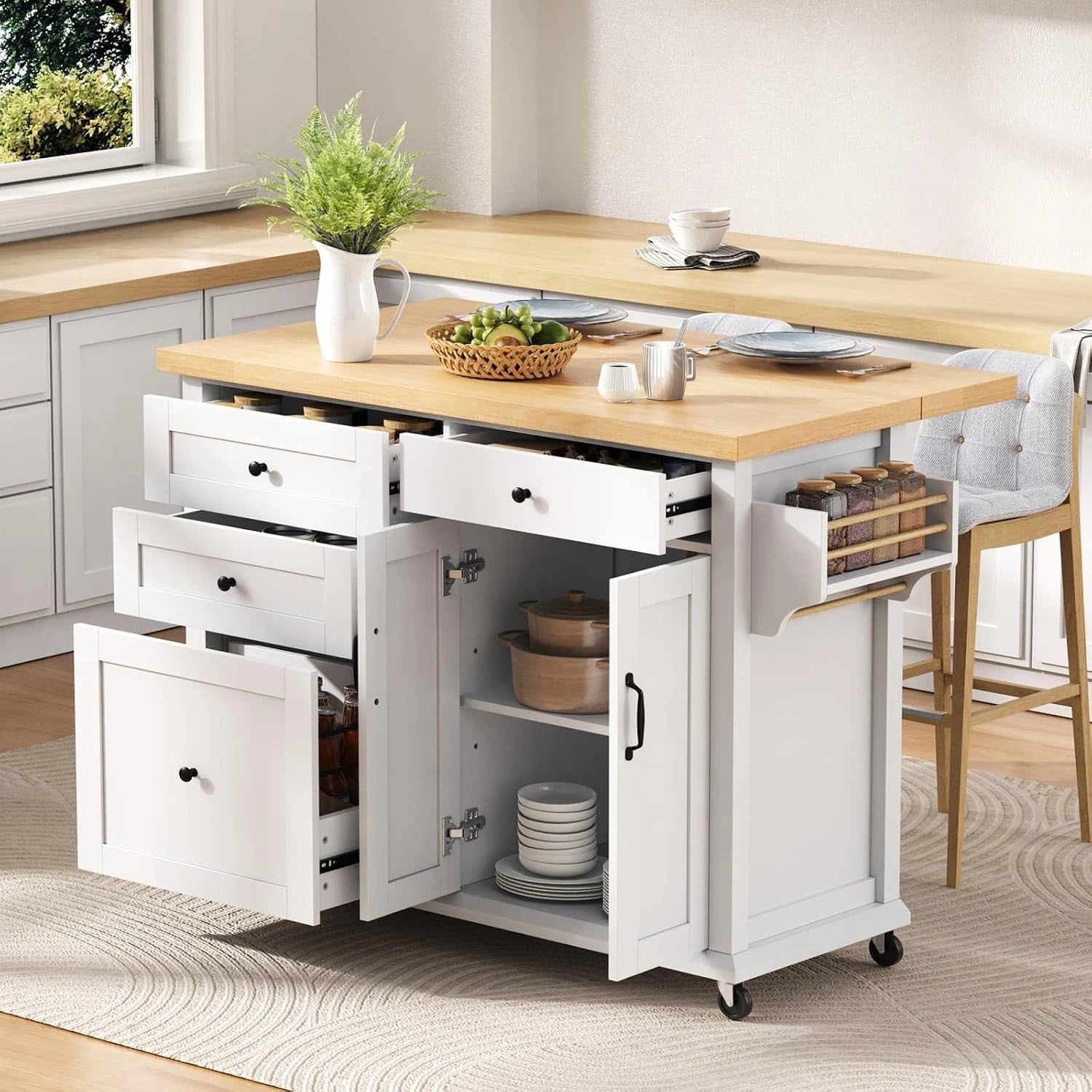 Buffet de Cuisine Extensible Scandinave avec Roulettes et Rangement, Blanc, MDF, 107 x 90,5 cm, Capacit¨¦ 40 kg