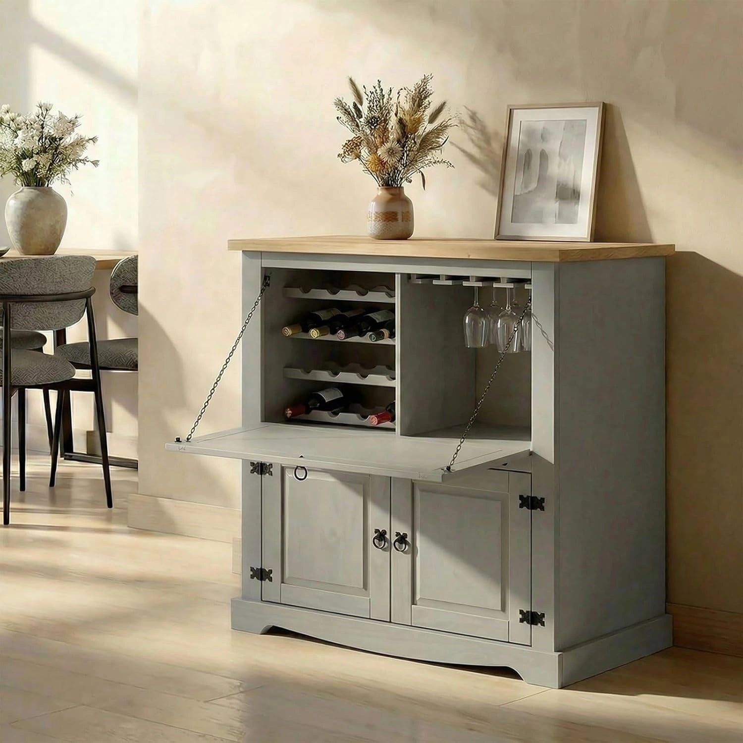 Buffet Mexicain en Bois Massif pour Vins et Spiritueux avec Porte-verres