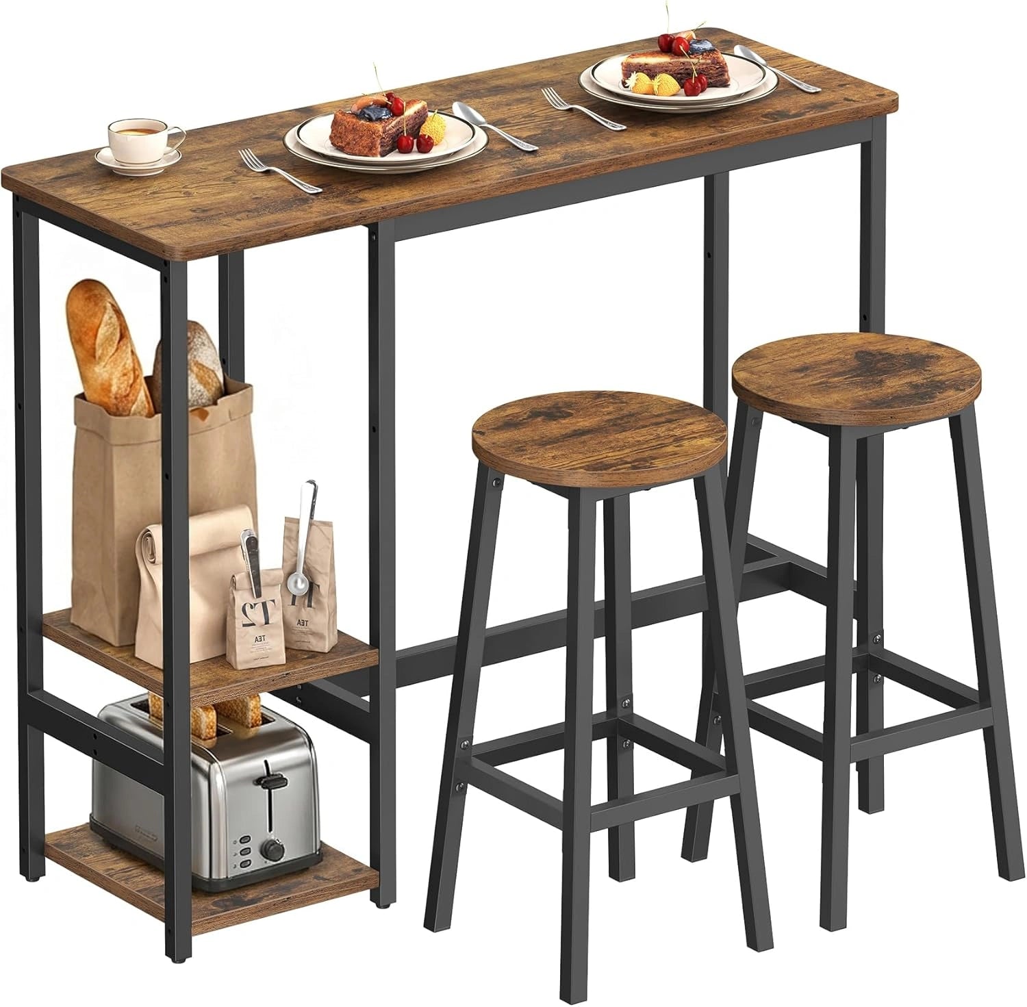 Ensemble de Bar Moderne avec ¨¦tag¨¨res et Tabourets, Structure Solide en Acier, Finition Marron Rustique