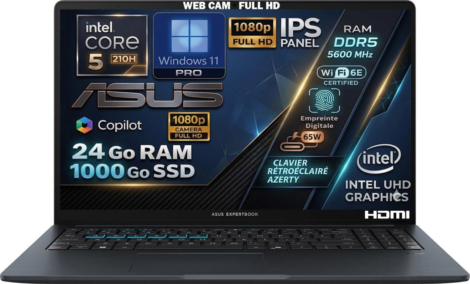 PC Portable ASUS Intel Core i5, 14? G¨¦n¨¦ration, RAM 24Go, SSD 1To, ¨¦cran 15.6" FHD, WiFi 6E, Cam¨¦ra 1080p, Clavier R¨¦tro¨¦clair¨¦, Windows 11 Pro