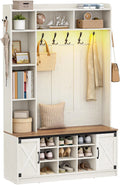 Meuble d'Entr¨¦e 7 en 1 avec LED et Banc de Rangement, Portemanteau, ¨¦tag¨¨res Ajustables, 7 Crochets, Blanc-Marron, 40,3 x 120 x 191 cm