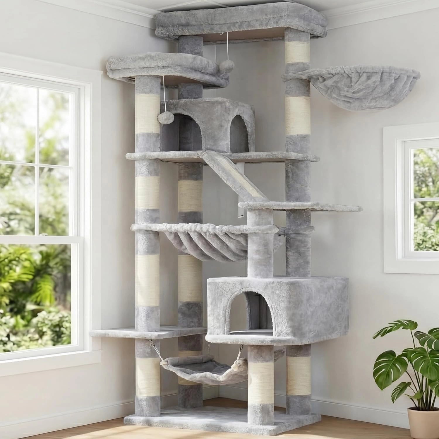 Grand Arbre ¨¤ Chat 180 cm avec Espaces de Repos et Griffoir, Gris Clair