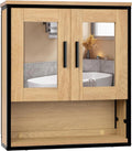 Armoire Murale de Salle de Bain avec Miroir et ¨¦tag¨¨res R¨¦glables, Rangement WC en Bois et M¨¦tal, Ch¨ºne Clair et Noir, 56x13x60 cm