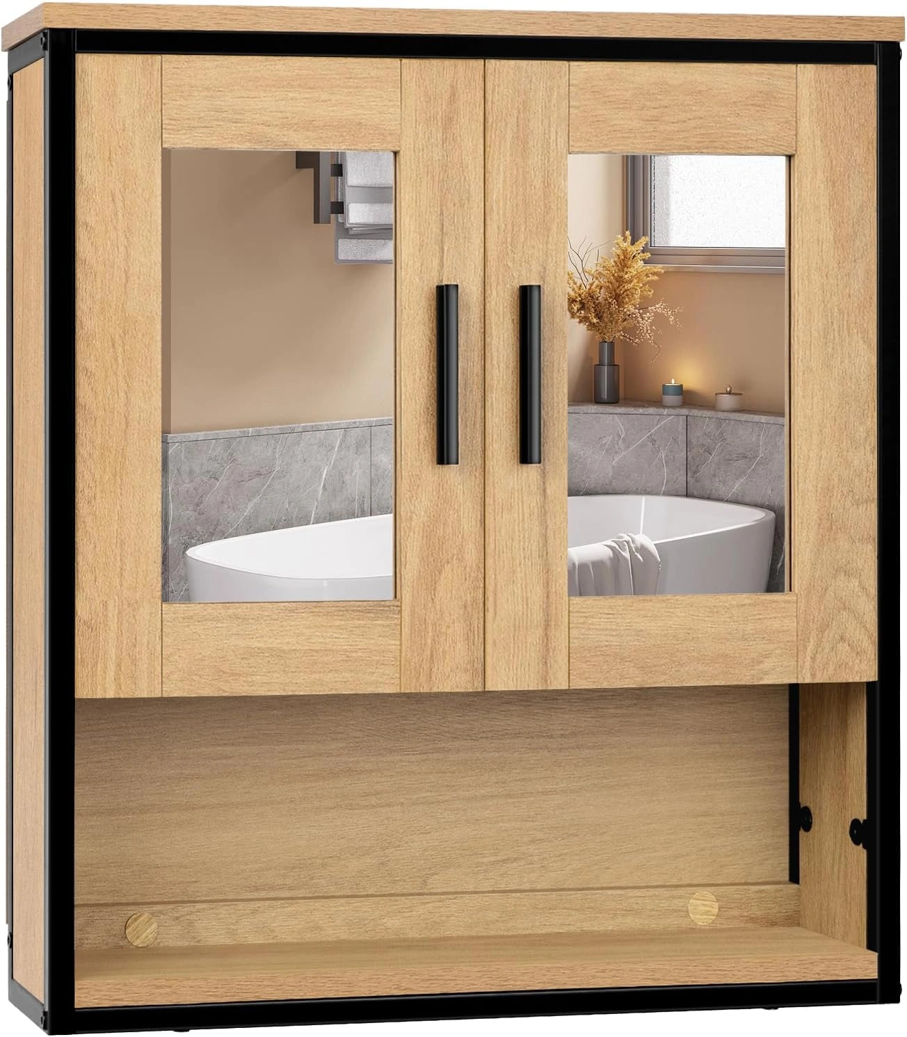 Armoire Murale de Salle de Bain avec Miroir et ¨¦tag¨¨res R¨¦glables, Rangement WC en Bois et M¨¦tal, Ch¨ºne Clair et Noir, 56x13x60 cm