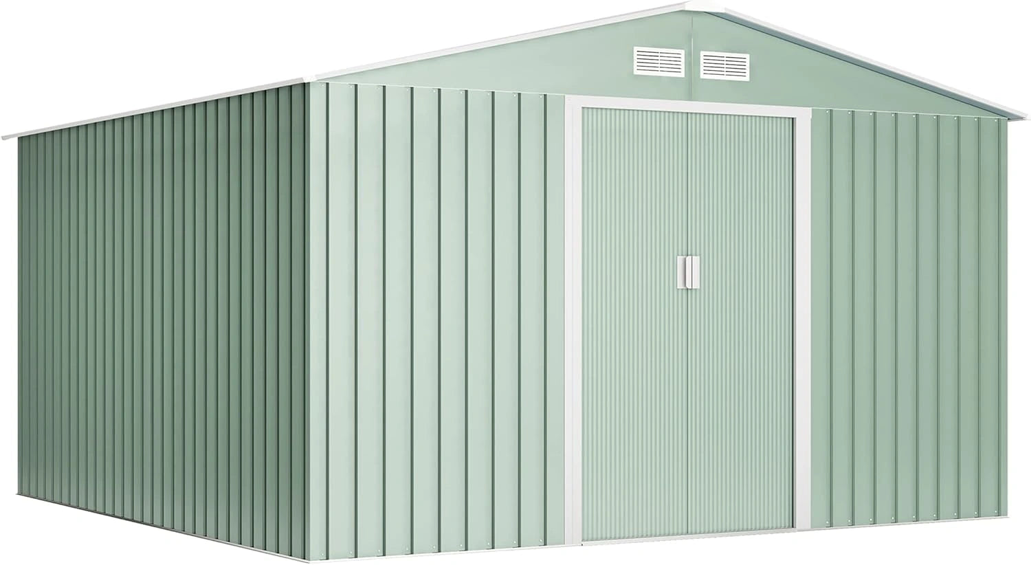 Cabane de Jardin en M¨¦tal 10,2m2 Vert Clair avec Portes Coulissantes et Grilles de Ventilation