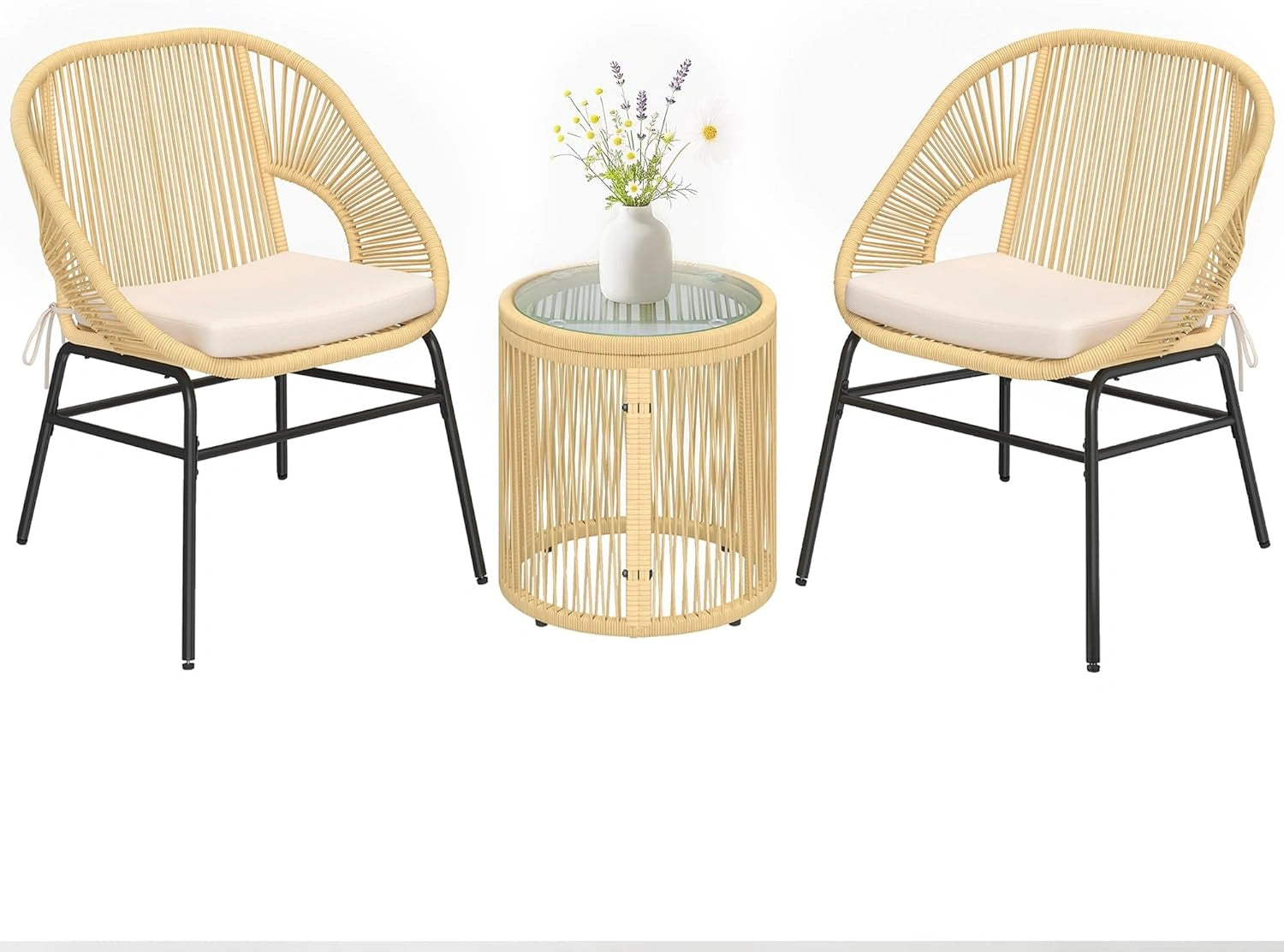 Ensemble de Bistro en R¨¦sine Tress¨¦e 3 Pi¨¨ces - Salon de Jardin avec Fauteuils Confortables et Table en Verre