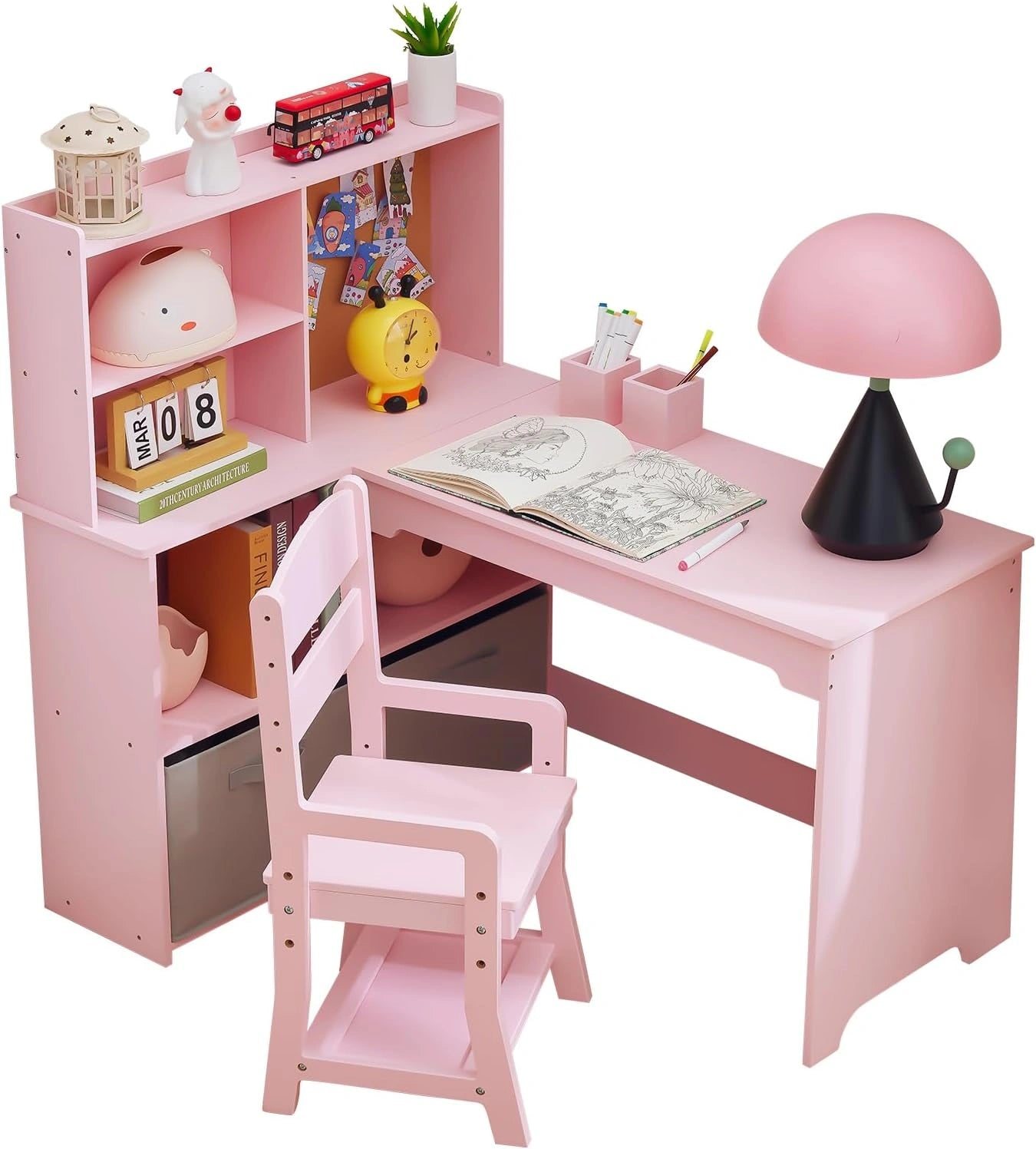 Ensemble Bureau d'Angle Ergonomique Pour Enfant avec Chaise et Rangement, Bois Rose