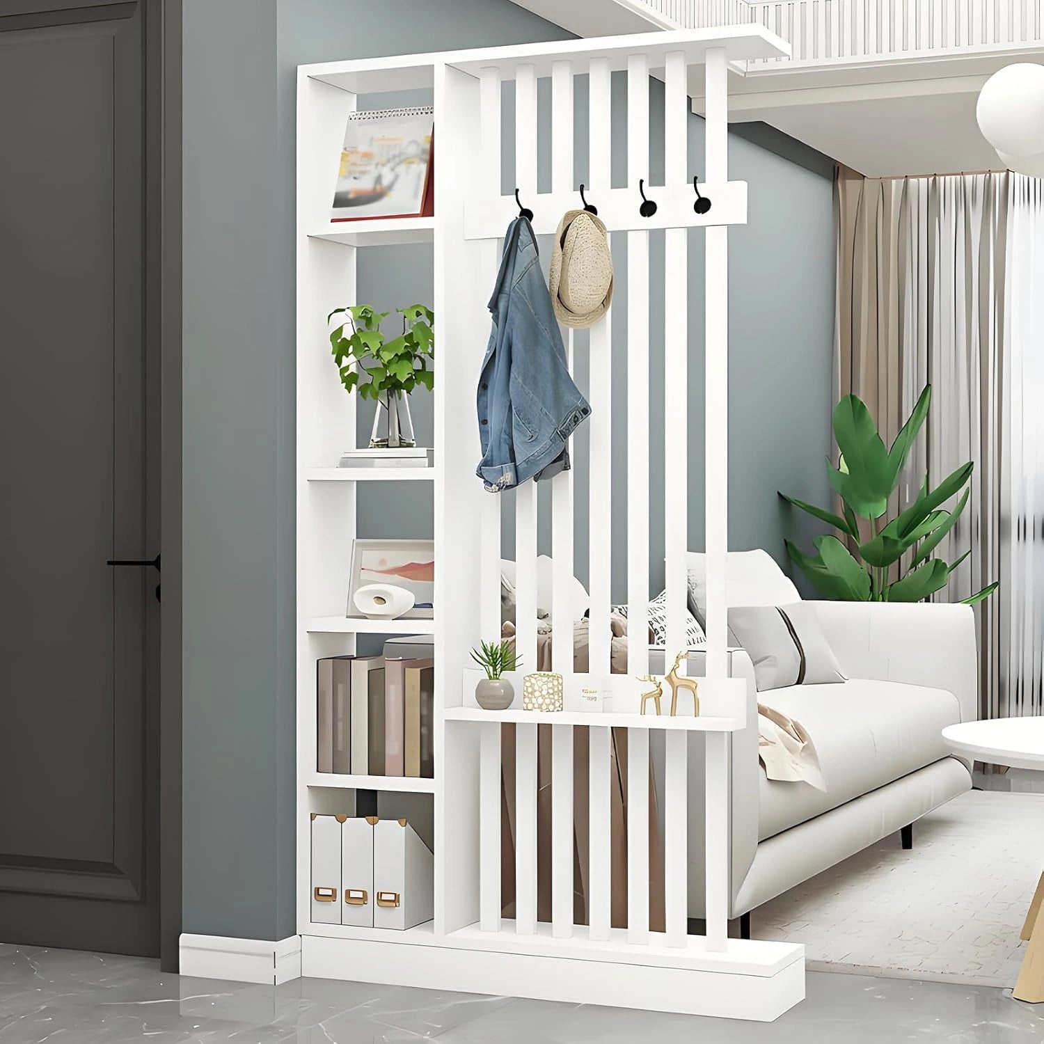 Paravent Moderne pour Entr¨¦e avec ¨¦tag¨¨res, S¨¦parateur de Pi¨¨ce Autoportant, Installation Facile, D¨¦coration Int¨¦rieure pour Maison et Bureau, Blanc 100cm