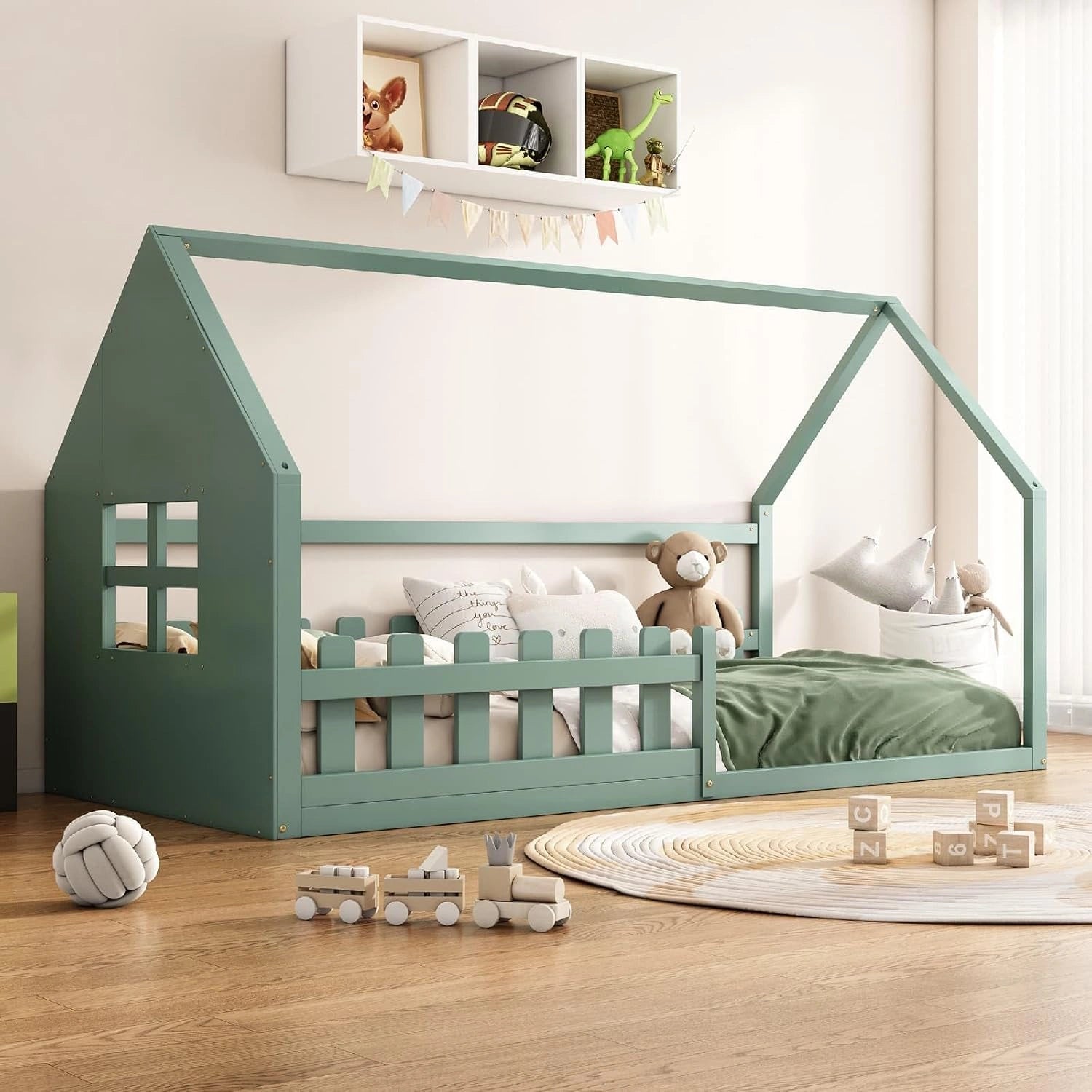 Lit Cabane pour Enfant avec Barri¨¨re, Design Original, 90x200 cm, Structure Moderne en Bois, Vert