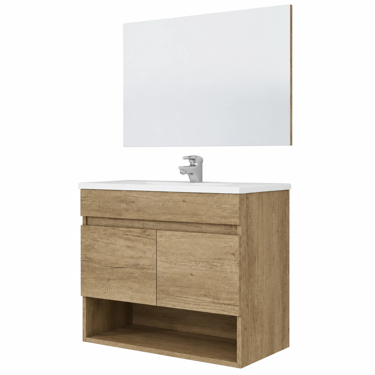 Meuble de salle de bain suspendu avec miroir et deux portes, 80 x 64 x 45 cm, couleur Nordik