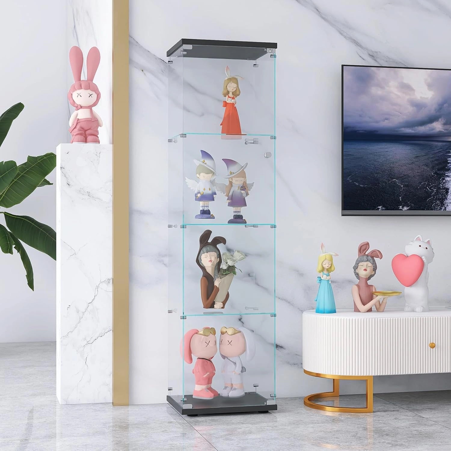 Armoire de Pr¨¦sentation en Verre Tremp¨¦ avec Serrure, 4 Niveaux, Transparente, pour Salon ou Bureau, 42.5x32.5x164cm