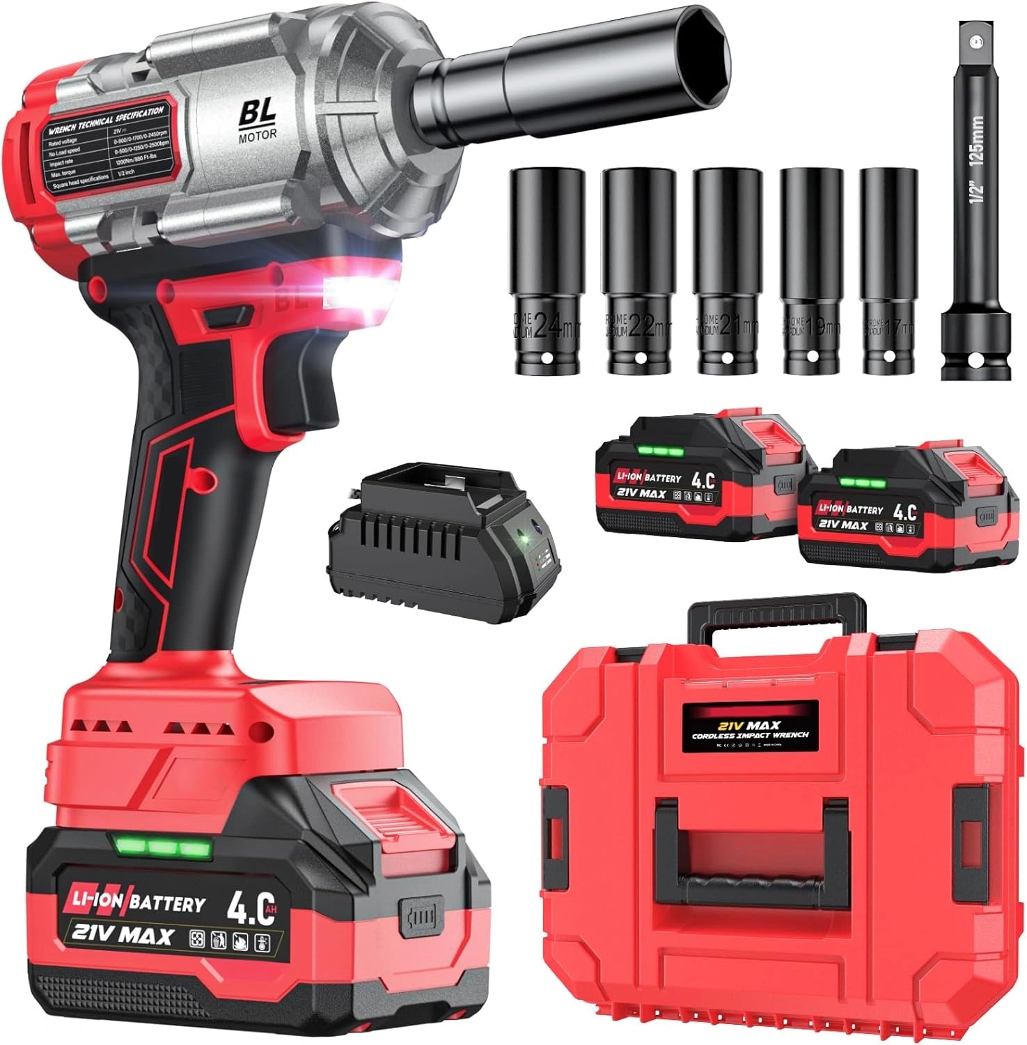 Cl¨¦ ¨¤ chocs sans fil 1200 Nm 21V avec 2 batteries 4.0Ah, chargeur rapide, 3 vitesses, LED int¨¦gr¨¦e, 5 douilles, rallonge et mallette de transport pour auto et bricolage