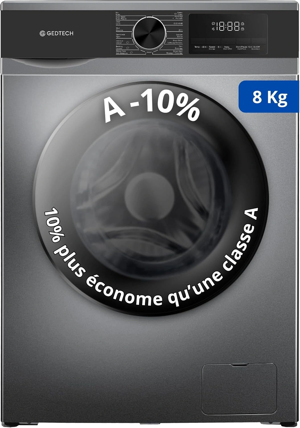 Lave-linge GEDTECH 8 kg 1400 tr/min Classe A-10% ¨¦conomie d'¨¦nergie 16 programmes