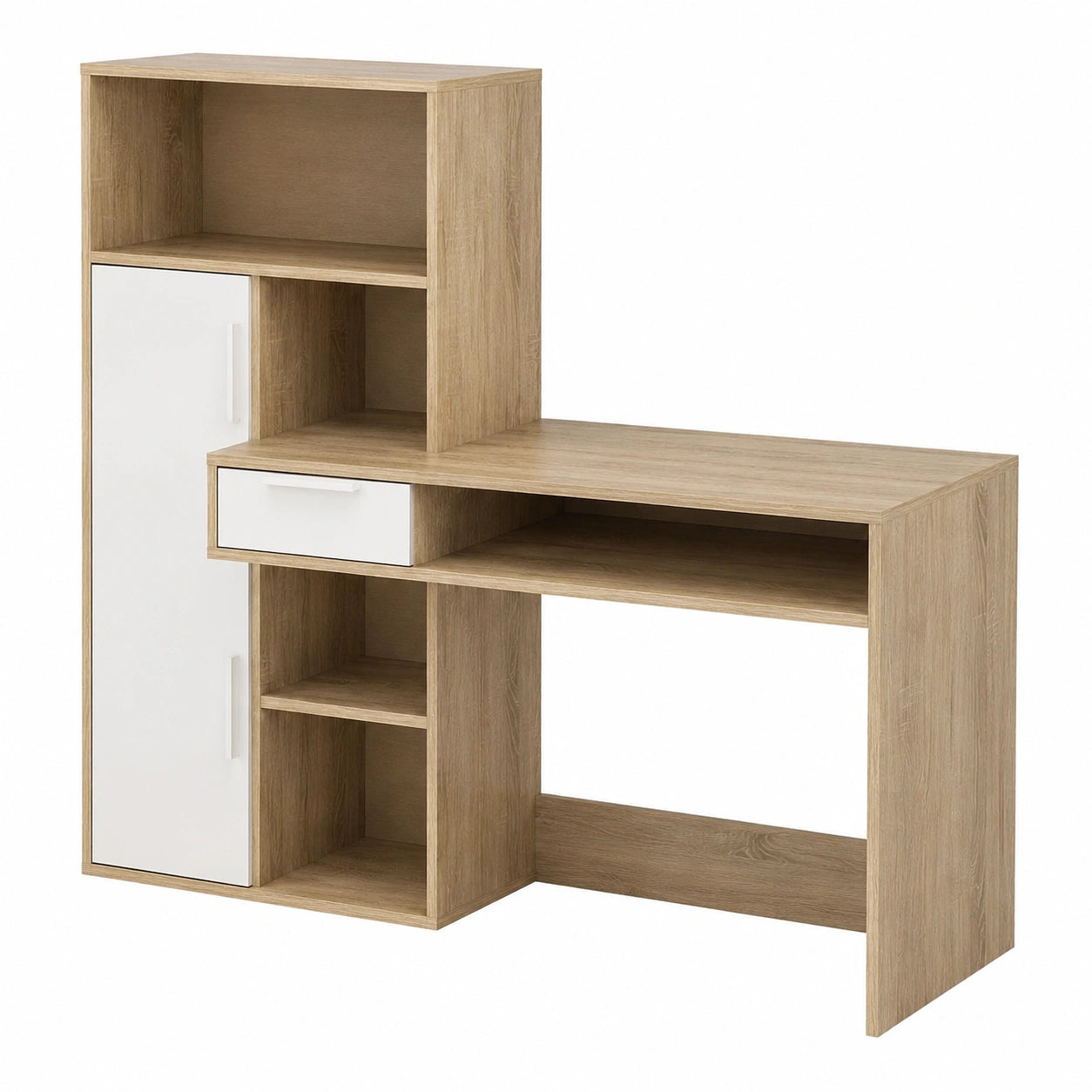 Bureau multifonction avec étagères et rangement intégré blanc et chêne