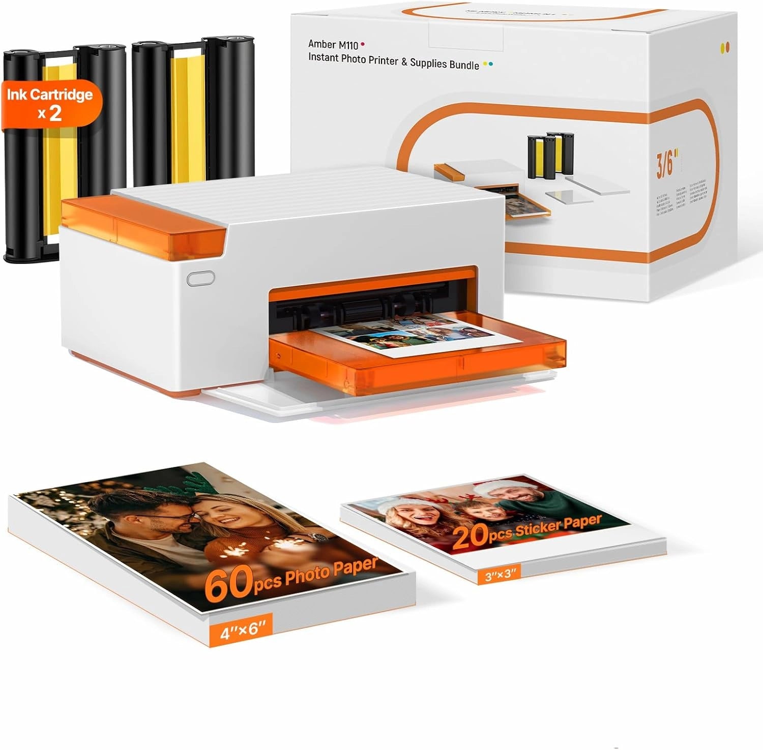 Imprimante Photo Portable Liene Amber M110 ¨C Inclut 60 Papiers Photo 10x15 cm, 20 Autocollants 7,7 cm et 2 Cartouches, Technologie ¨¤ Sublimation Thermique & Bluetooth, Compatible iPhone et Android