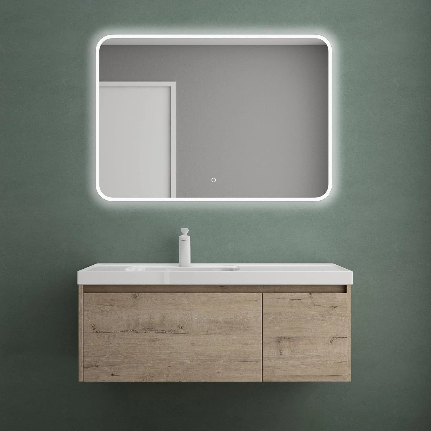 Ensemble de Meubles de Bain Salerno en Ch¨ºne Blanc avec Vasque et Miroir - Armoire Suspendue ¨¤ Tiroir 100x50x40cm