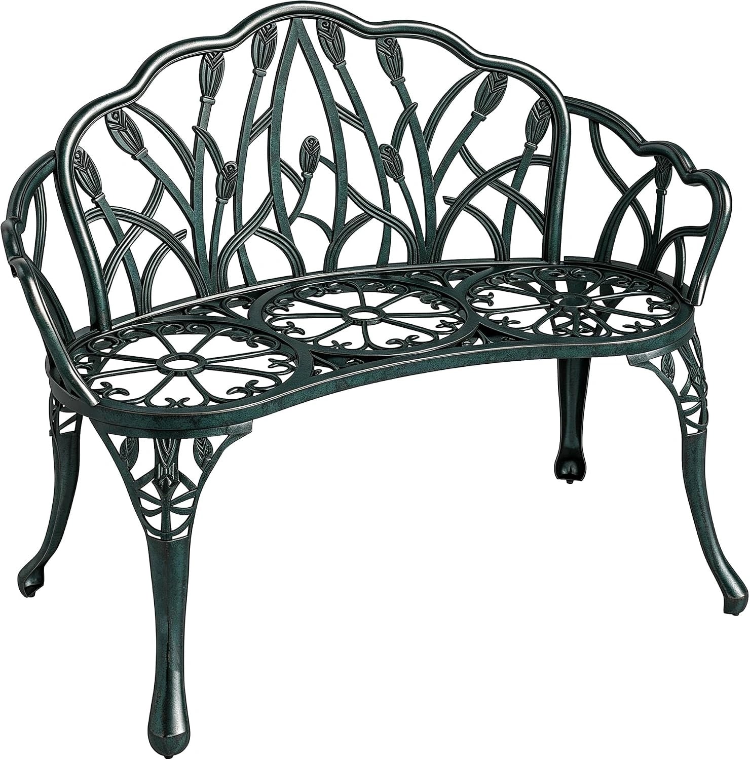 Banc de Jardin Outsunny en Aluminium avec Motif Tulipe et Finition Florale, 2 Places, Antirouille, Vert Antique