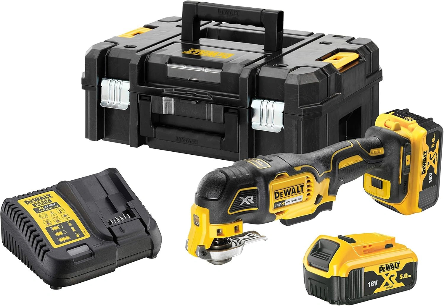 DeWalt Outil Multifonctions XR 18V 5Ah Li-Ion Sans Balais - 32 Accessoires - 2 Batteries - Coffret TSTAK, Jaune