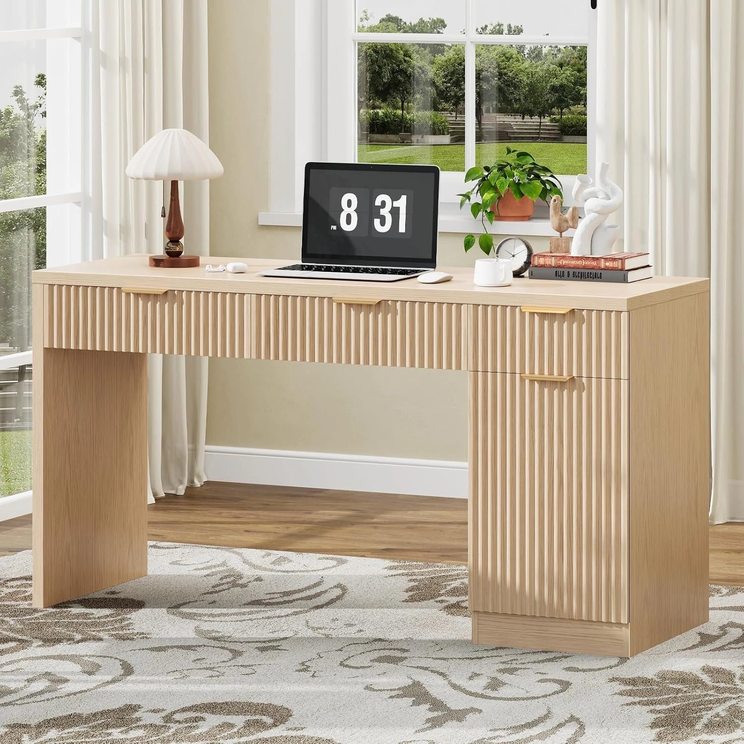 Bureau de Travail en Bois 152 cm avec Tiroirs Ondul¨¦s et Armoire de Rangement