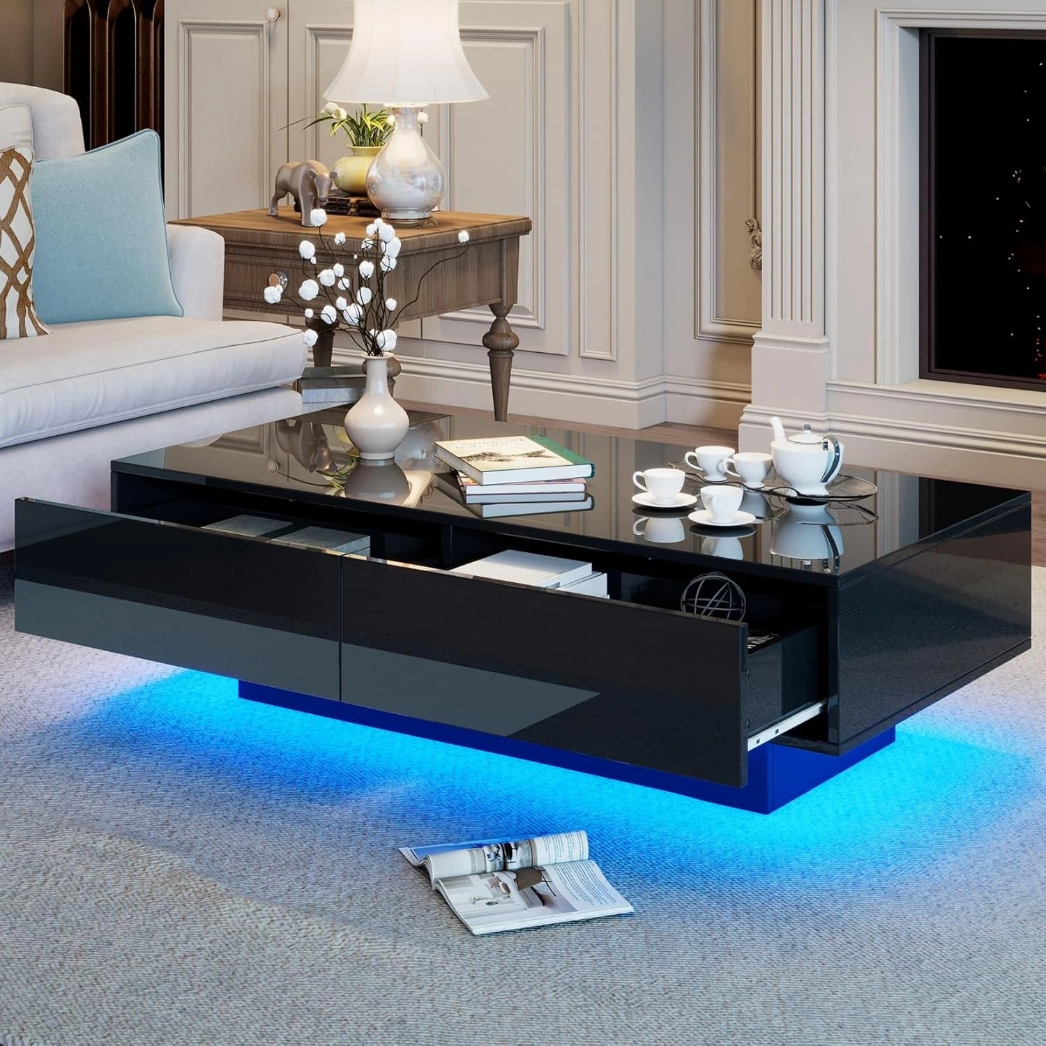 Table Basse Noire avec Tiroirs et ¨¦clairage LED, 55x115x34 cm, Capacit¨¦ 30 kg