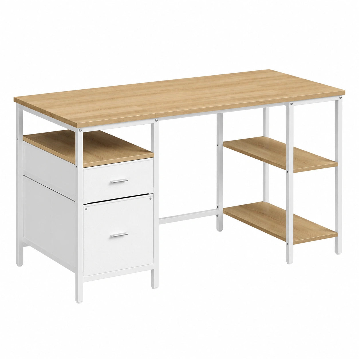 Bureau d'ordinateur moderne avec étagères et tiroirs, chêne naturel