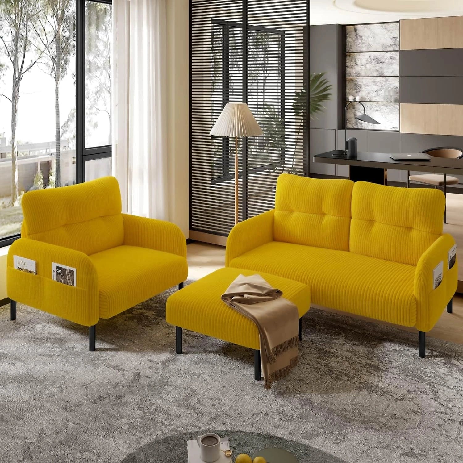 Ensemble de Canap¨¦ Modulaire 3 Places avec Fauteuil et Tabouret - Jaune