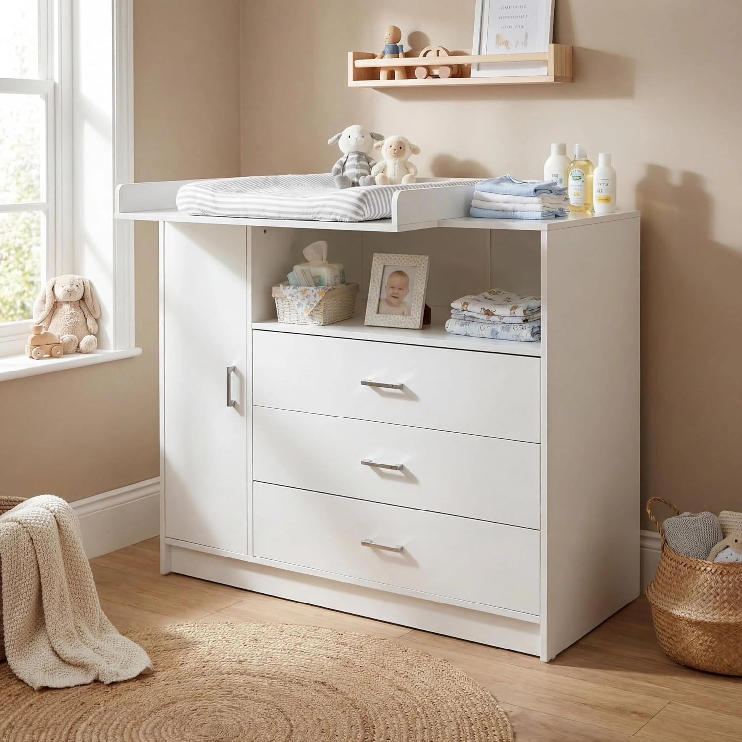 Table ¨¤ Langer en Bois pour B¨¦b¨¦ avec 3 Tiroirs et Porte, Hauteur 100 cm, Blanc, Poign¨¦es Chrom¨¦es